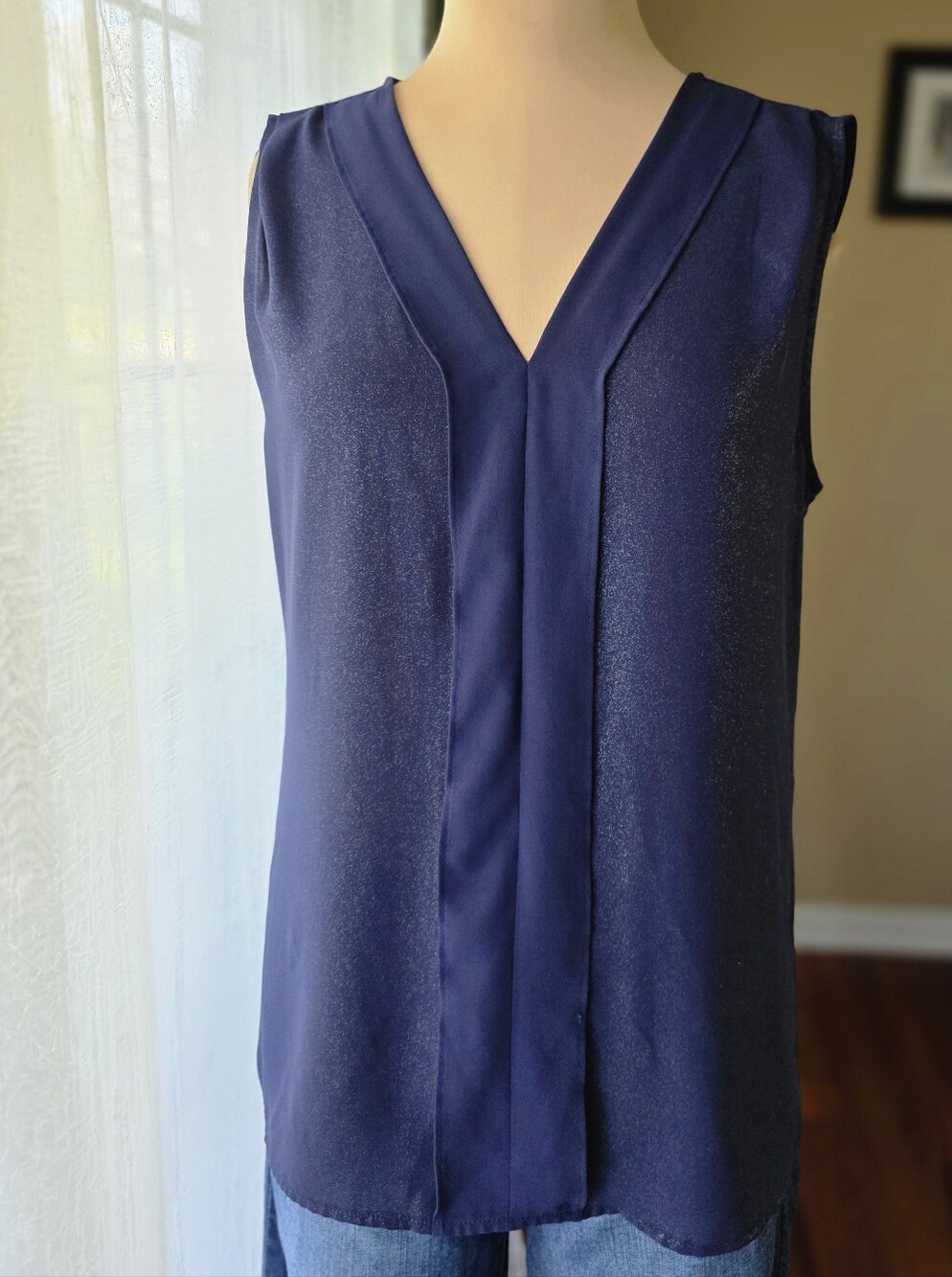 Covington Metallic Navy VNeck Tank Top Blouse Lightweight Night Out Office Siren
